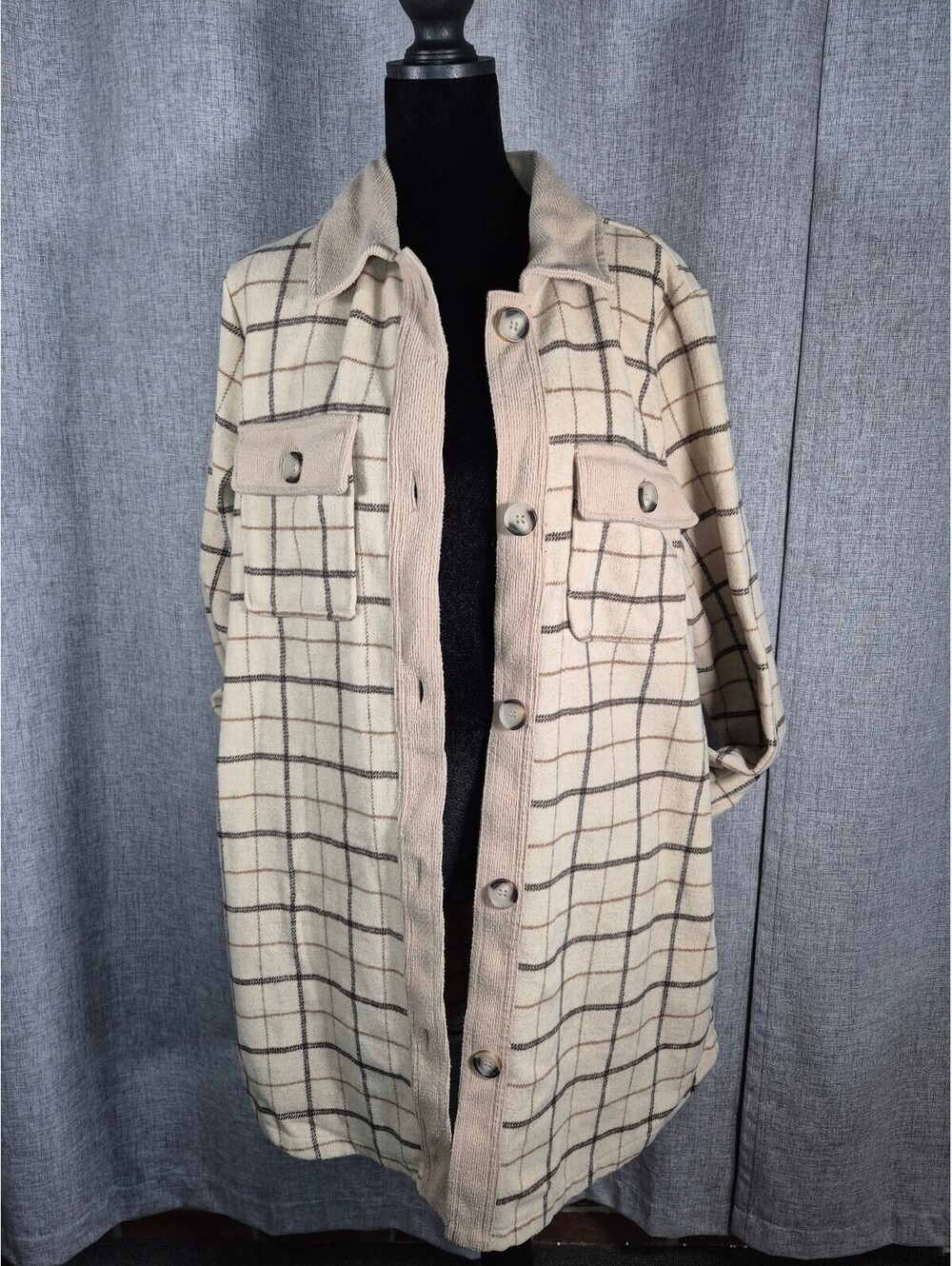 Melloday Plaid Coat Size L Cream Longline Button Front Wool Look